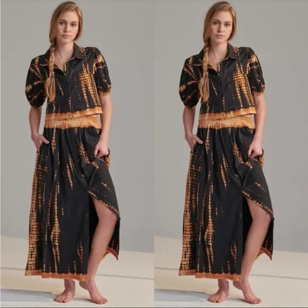Anthropologie Saturday Sunday Black and Tan Tie Dye Skirt Set